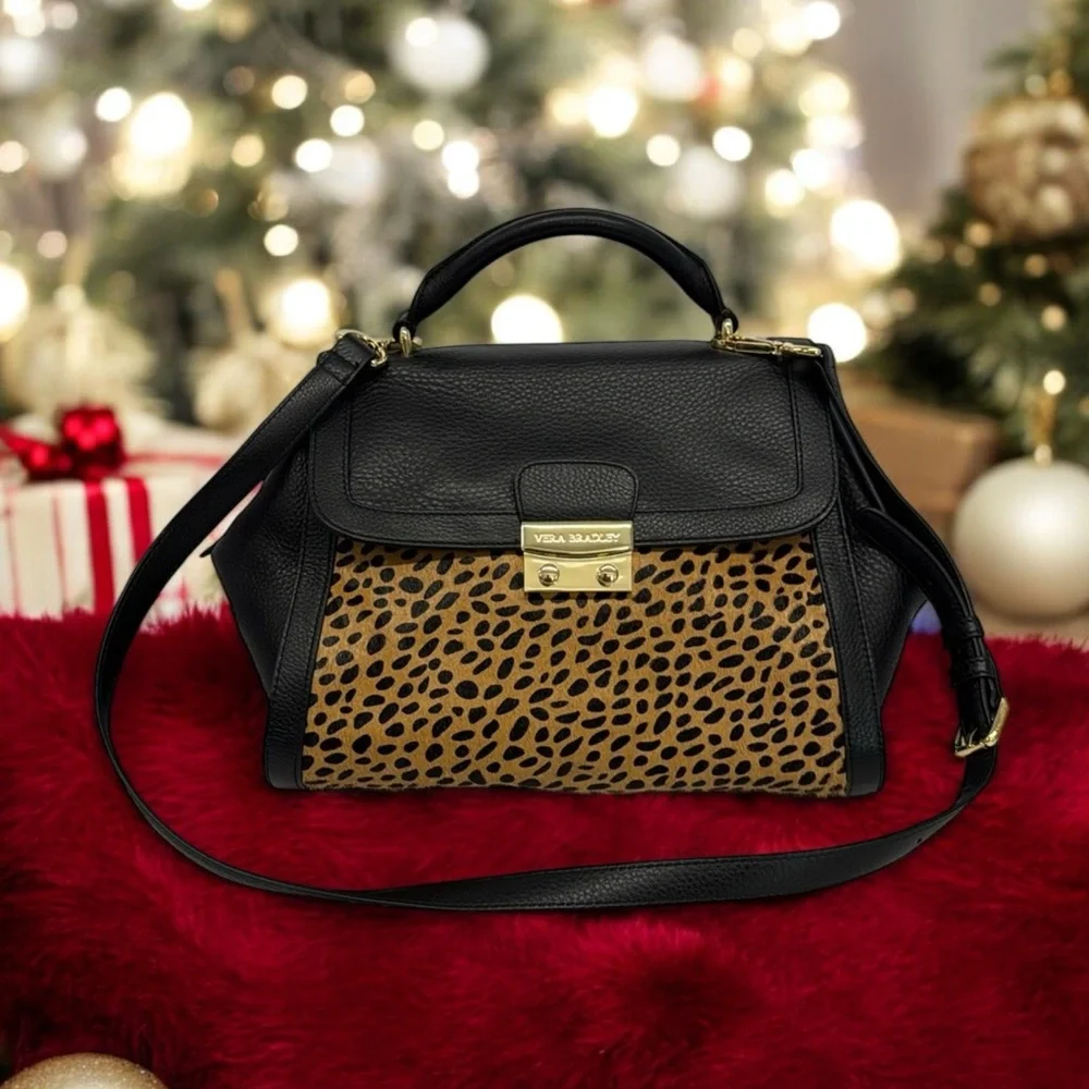 Vera Bradley Stella Mini Satchel Women's Leather Cheetah Black Shoulder Bag -New